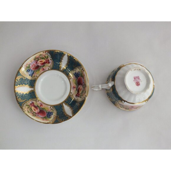 Paragon Orchard Fruit Tea Cup Saucer Pattern Turquoise Green Gold gilt teacup - Picture 12 of 14